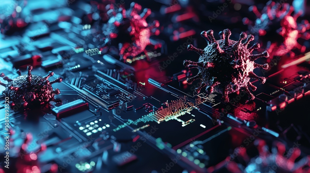 Poster intricate digital circuit with microbial structures, representing the intersection of technology and