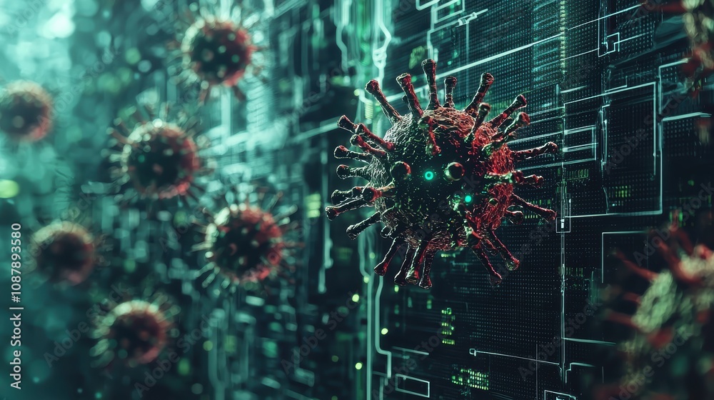 Poster abstract representation of a virus with a digital background featuring glowing circuits and data pat