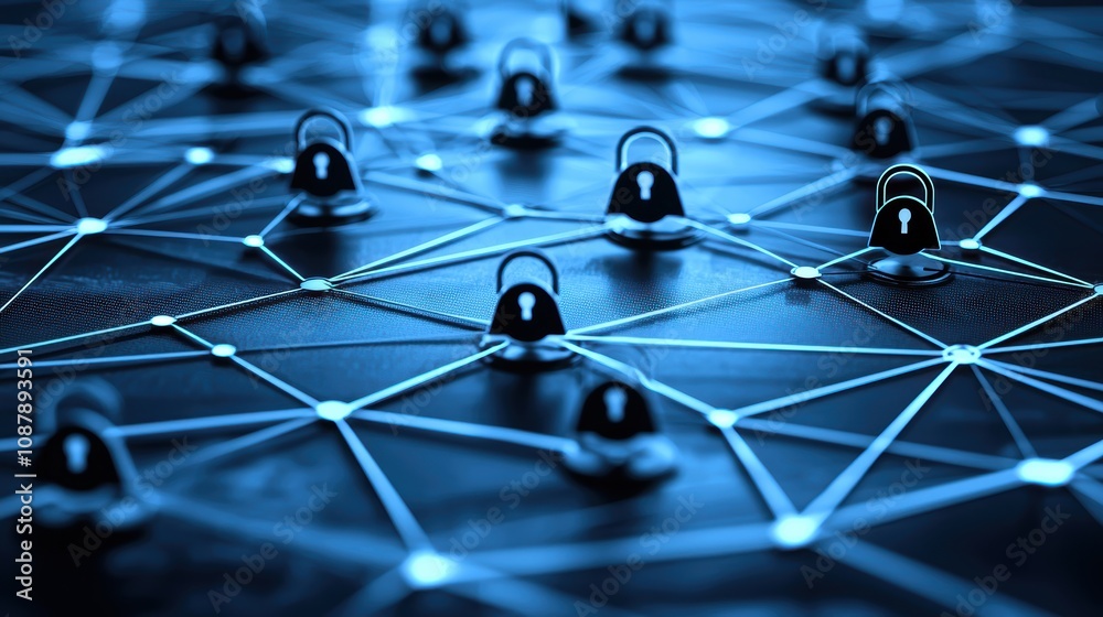 Poster abstract digital landscape showcasing interconnected nodes with padlocks, symbolizing cybersecurity,