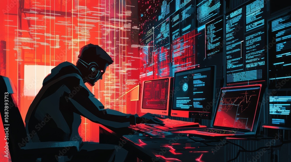 Poster intense cybersecurity expert at work in a digital environment surrounded by multiple screens and fut