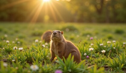 Groundhog in a blooming meadow during springtime, enjoying the warm sunlight and fresh flowers.