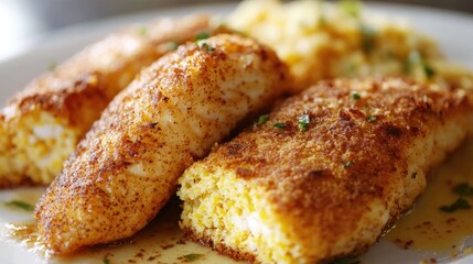 A delicious plate of fried fish served with creamy mashed potatoes