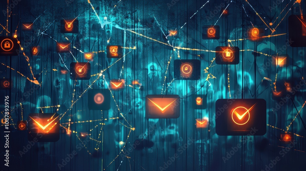Poster abstract digital communication concept with glowing icons and lines representing online interaction 