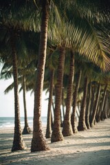 A row of palm trees on a sunny beach