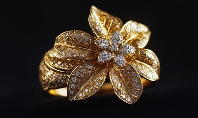 Naklejka premium Close-up of a gold ring adorned with diamonds arranged in a flower and leaf design on a black background, showcasing fine jewelry details and craftsmanship