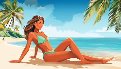 Young woman in swimsuit relaxing on the beach on a tropical island under palm trees, vacation concept, hand drawn modern style