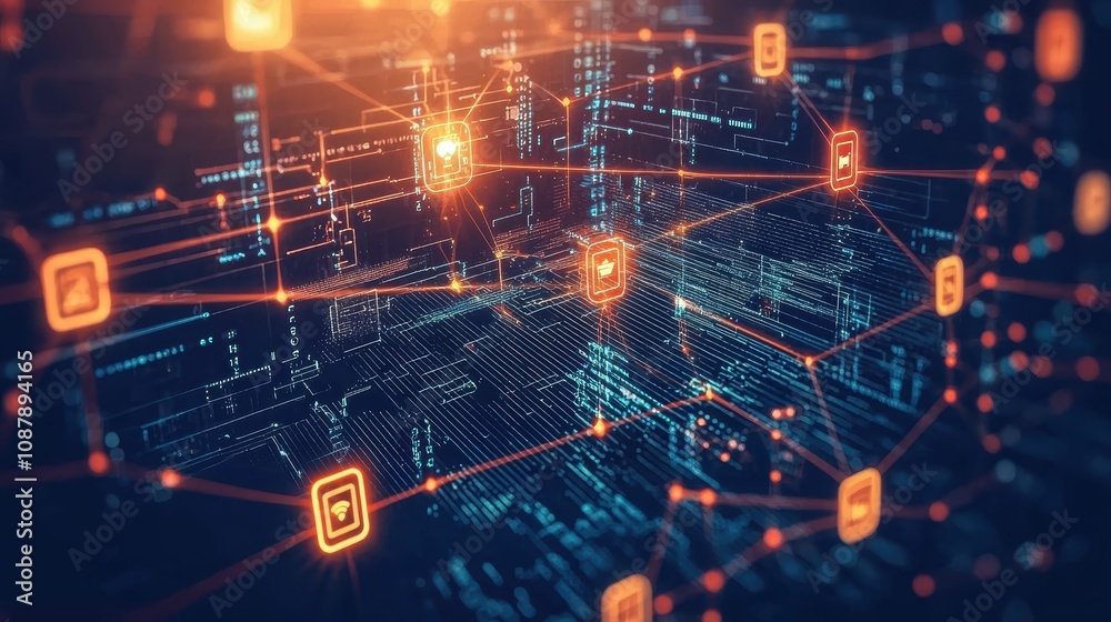 Poster futuristic digital network concept illustrating data connections and technology interfaces in a vibr