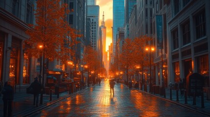 Couple walking city street at sunset.