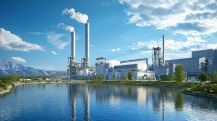 Obraz premium Modern Industrial Power Plant Reflected in Calm Water with Lush Greenery and Majestic Mountains Under Clear Blue Sky Illuminated by Soft Sunshine