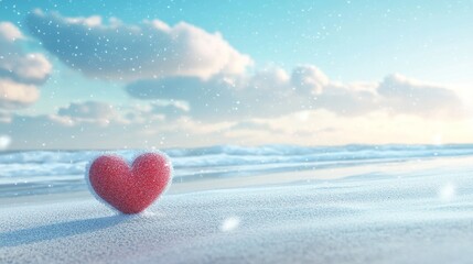 Fototapeta premium Winter beach scene with heart in sand seasonal romance snow on coast coastal love concept