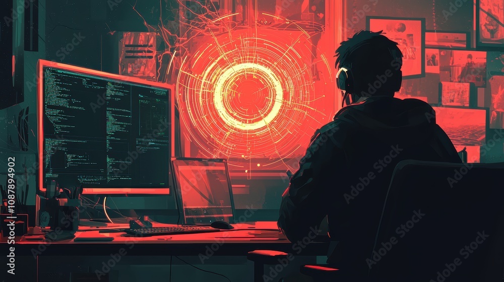 Poster engaged in cybersecurity: a focused coder works late at night surrounded by code and visuals in a di