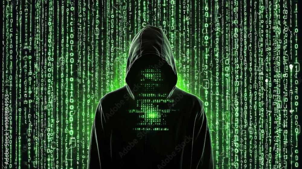 Poster mysterious figure in a hoodie surrounded by green binary code representing cybersecurity, hacking, a