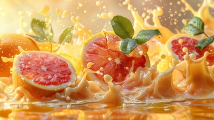 Fresh grapefruit halves splashing in juice.