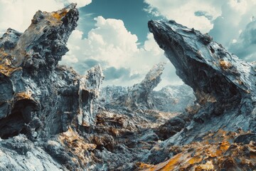 Obraz premium A rugged terrain with a mountain visible in the distance