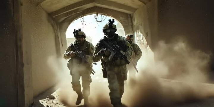 Armed soldiers entering a castle through a secret passage to rescue hostages, 4K Video