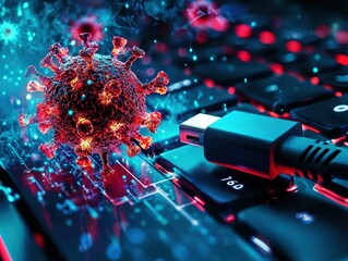 Naklejka premium Conceptual Illustration of a Virus Representing Cybersecurity Threat, Featuring Close-Up of a Computer Keyboard with a Virus And USB Cable Intertwined in Digital Environment