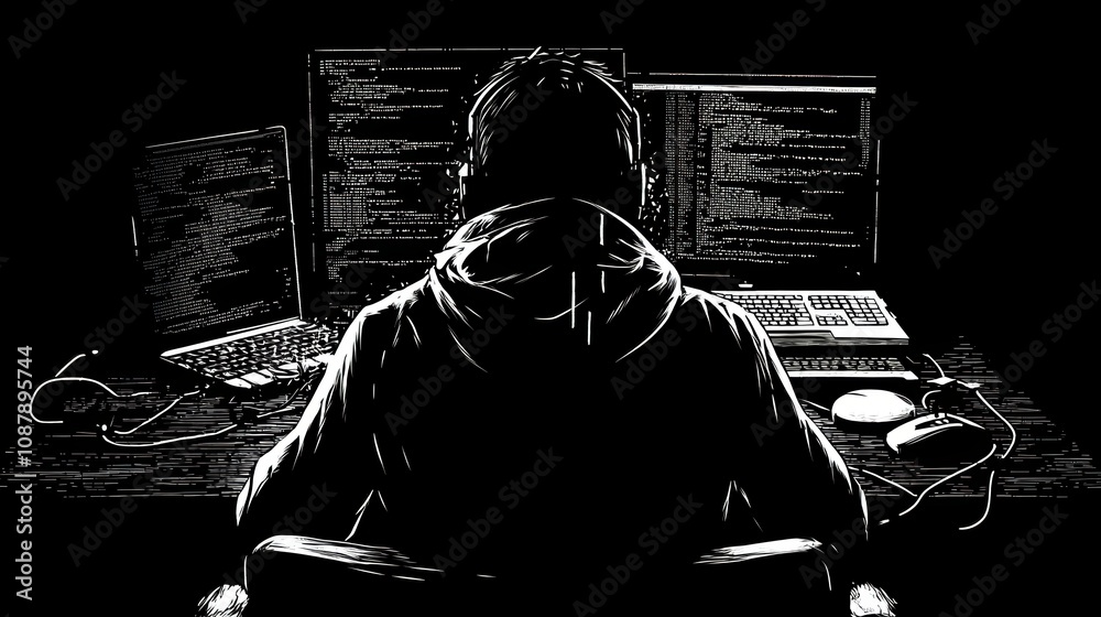 Poster mysterious figure in hoodie working with multiple screens showcasing code and data in a dimly lit ro