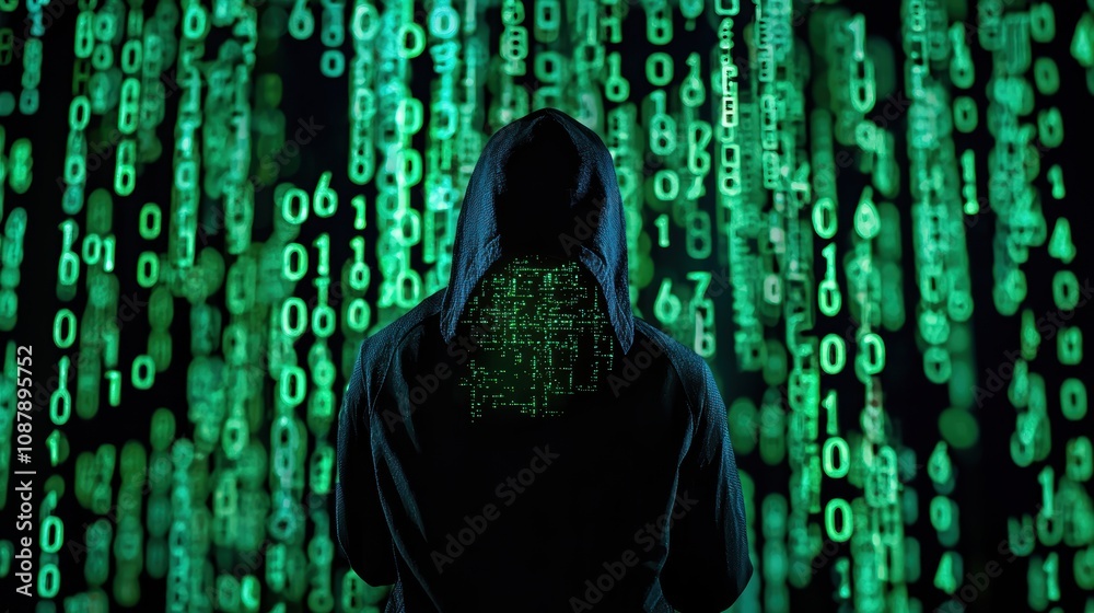 Poster mysterious figure in hoodie standing in front of cascading green binary code representing the concep