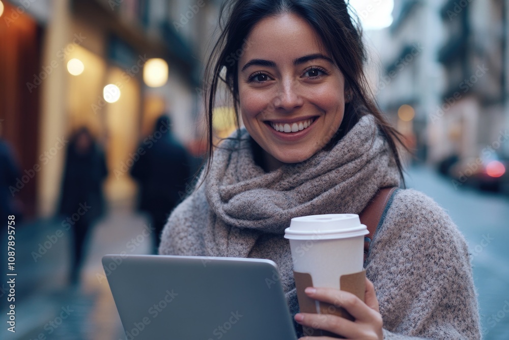 Poster a person working from home with a cup of coffee and a laptop, possibly remote work setup