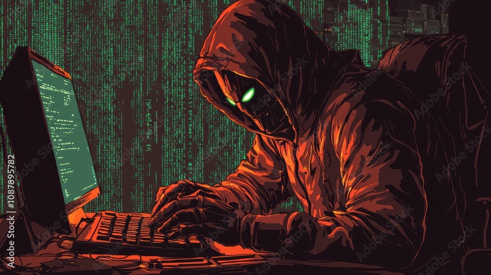 Poster mysterious hacker in dark hoodie engaged in coding on computer with glowing green eyes surrounded by