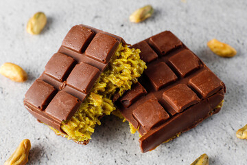 Dubai chocolate bar with pistachio paste and kadaif dough