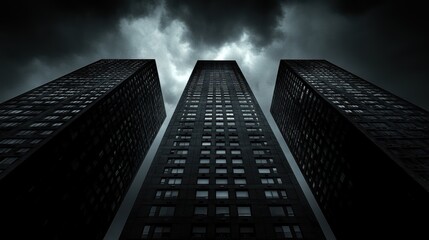 Dark urban skyline with towering buildings.