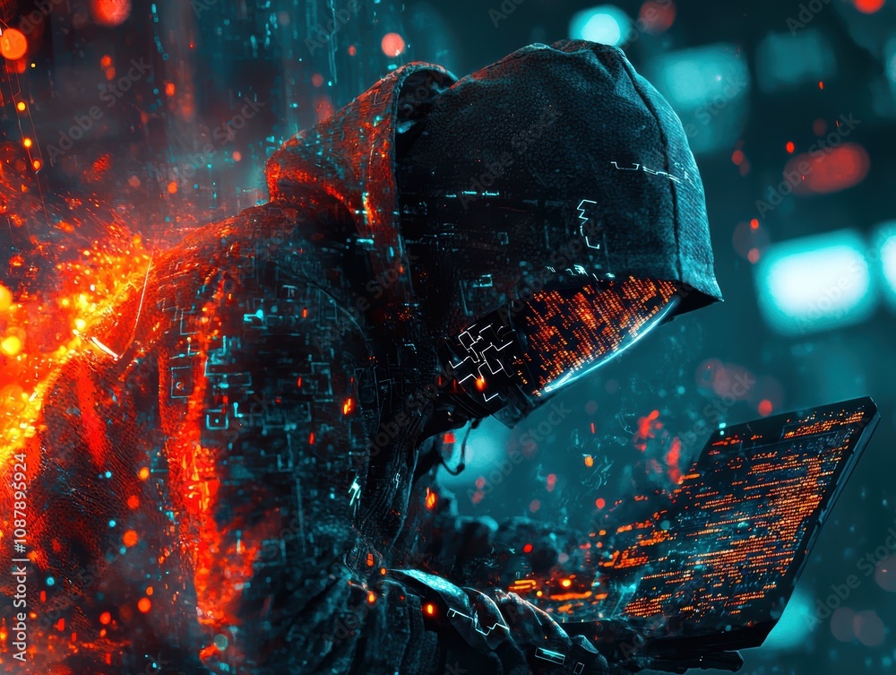 Poster mysterious hacker with glowing code in a dark environment surrounded by futuristic technology and di