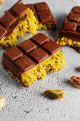 Dubai chocolate bar with pistachio paste and kadaif dough