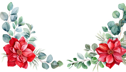 Watercolor Floral Corner Border Red Floral Elements with Eucalyptus Greenery for Wedding Stationery, Greeting Cards