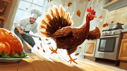 Turkey fleeing a thanksgiving feast, evading a chef with a knife in the kitchen