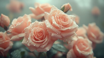 Delicate pink roses adorned with water droplets.