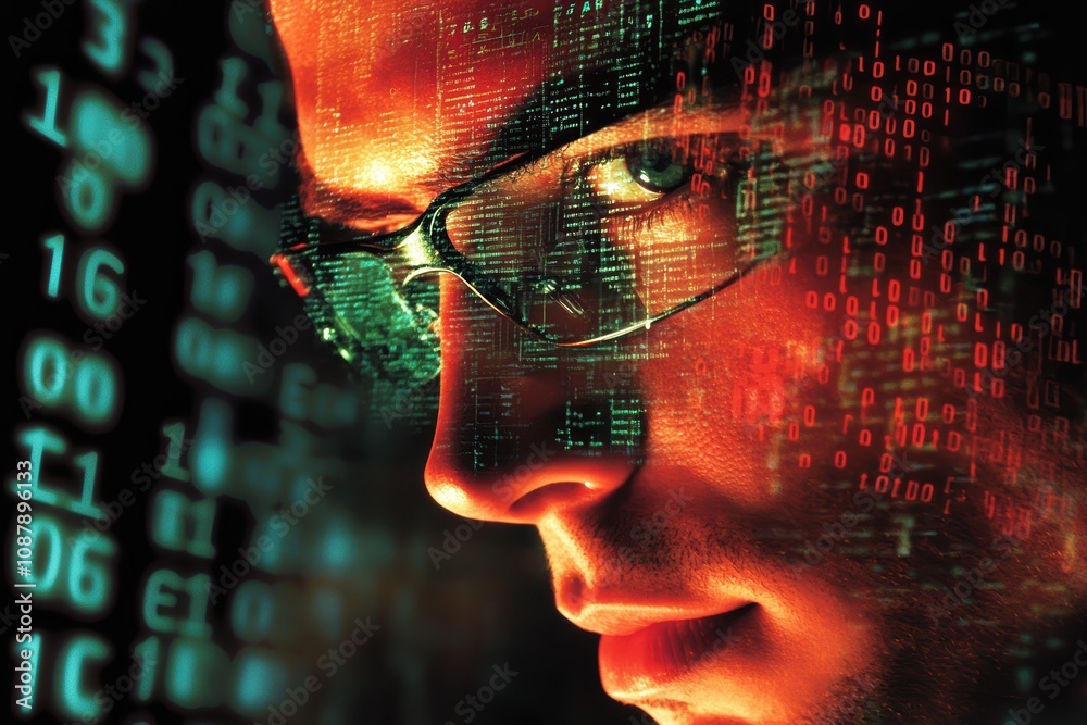 Poster intense focus of a young programmer with glasses surrounded by abstract digital code patterns repres