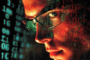 Intense Focus of a Young Programmer with Glasses Surrounded by Abstract Digital Code Patterns Representing Modern Technology and Innovation