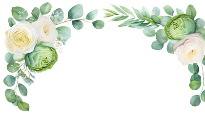 Watercolor Floral Corner Border Soft Green Roses and Light Green Peony with Eucalyptus for Wedding Stationery