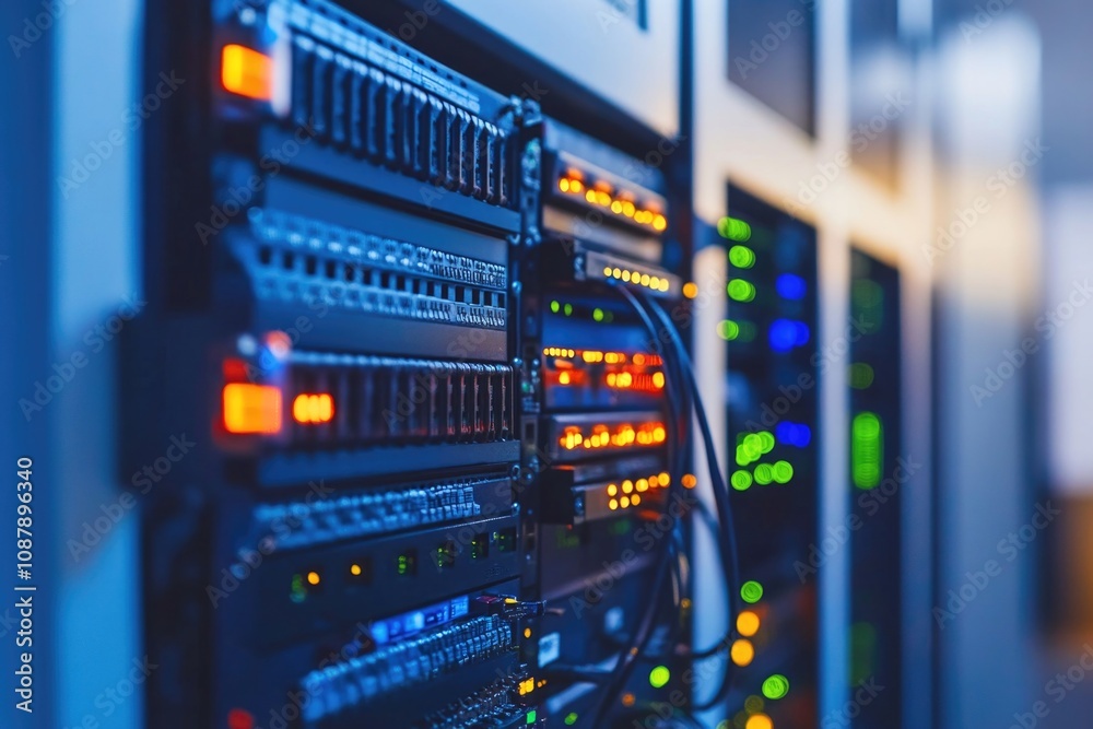 Poster picture of a server room with multiple servers
