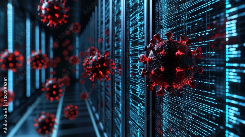 Poster visual representation of digital data interference by virus particles in a server environment, illus