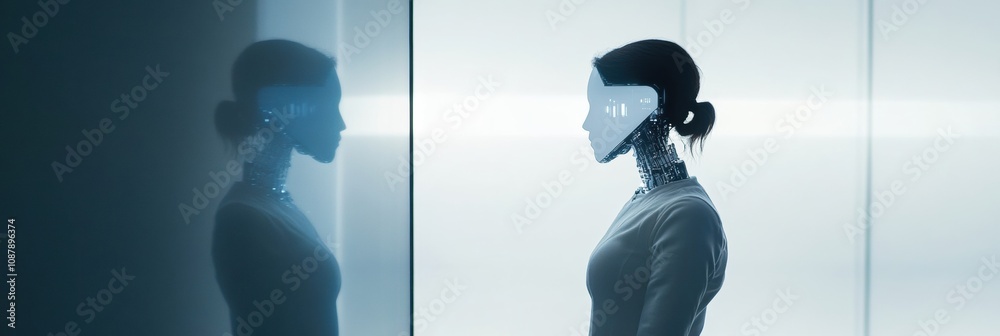 Poster a person gazes into a digital mirror reflecting an ai version of themselves, showcasing the fusion o