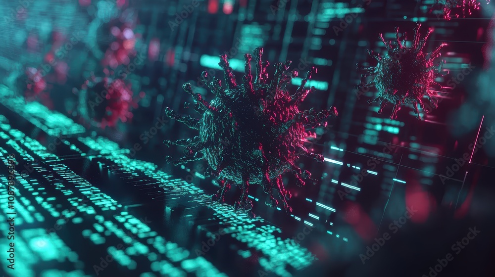 Poster abstract digital representation of a virus amidst a backdrop of glowing binary code, symbolizing the