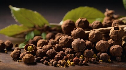 Fototapeta premium Close-up of a pile of whole and cracked black peppercorns with green leaves on a wooden surface.