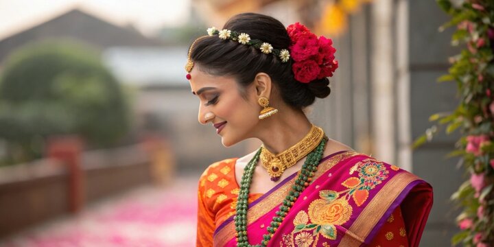Elegant indian bride smiles subtly wearing a colorful paithani saree, gold jewelry and flowers in her hair, showcasing the rich cultural heritage of maharashtra
