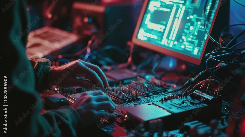 Poster close-up of hands working on computer hardware components in a dark, colorful environment with digit