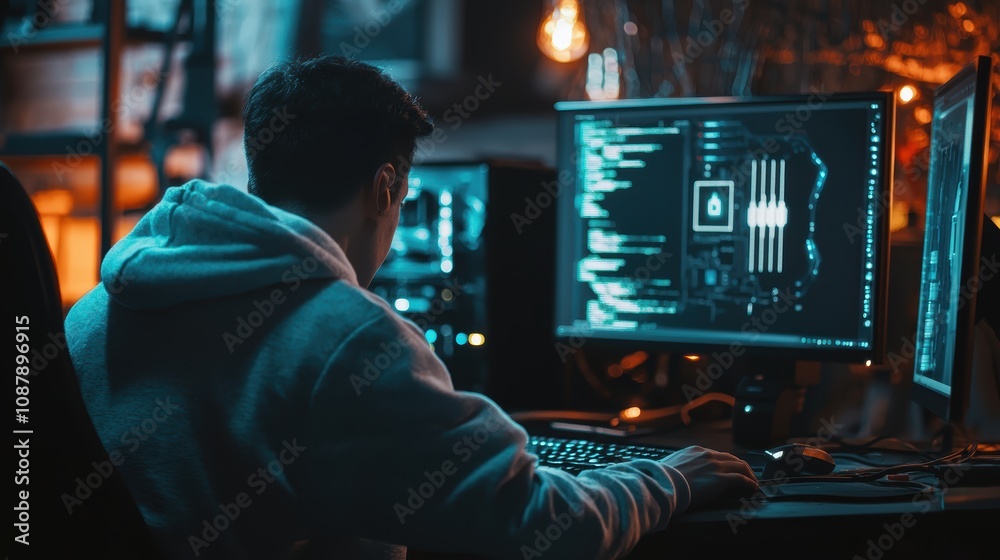 Poster focused programmer working late at night on multiple monitors, analyzing code and cybersecurity grap