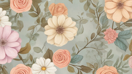 A delicate background with a hand-drawn floral pattern in soft pastel colors. The flowers should include roses, daisies, and leaves, creating a whimsical and elegant design.
