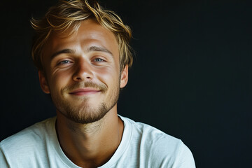 Obraz premium Cheerful Smiling Man in White T-shirt on a Minimalistic Dark Background, Representing Confidence, Casual Elegance, and Modern Masculine Energy for Branding and Lifestyle Concepts