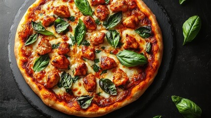 Delicious pizza topped with chicken and basil.