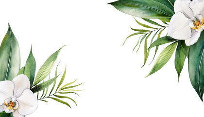 Watercolor Floral corner border White Orchids and Bamboo Leaves with Greenery for Elegant Wedding Cards