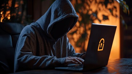 Dark Figure in Hoodie Using Laptop at Night, Symbolizing Cybersecurity Threats and Privacy Concerns in a Digital Landscape with Focus on Technology and Security