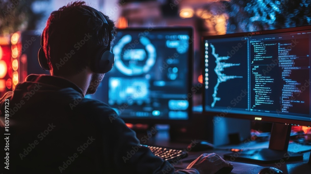 Poster focused programmer working late at night with dual monitors displaying code and analytical data in a