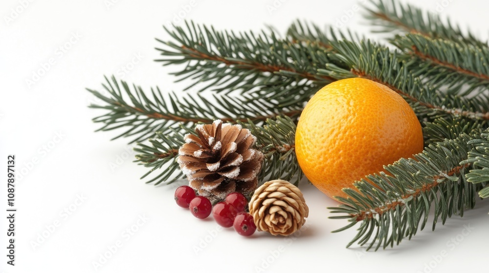 Poster a pine branch with orange and pine cones on a white background