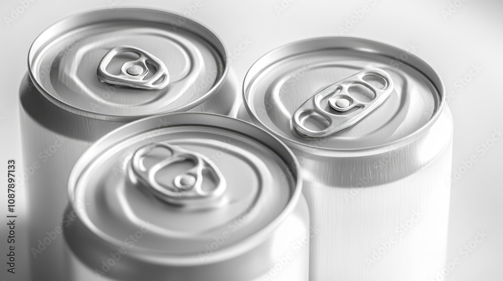 Poster three empty soda cans sit side by side on a flat surface